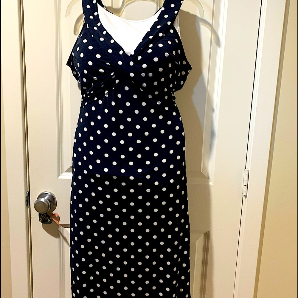 Loft sundress. Navy blue with while polkadots. Size 12P . Midi 40” shoulder/hem